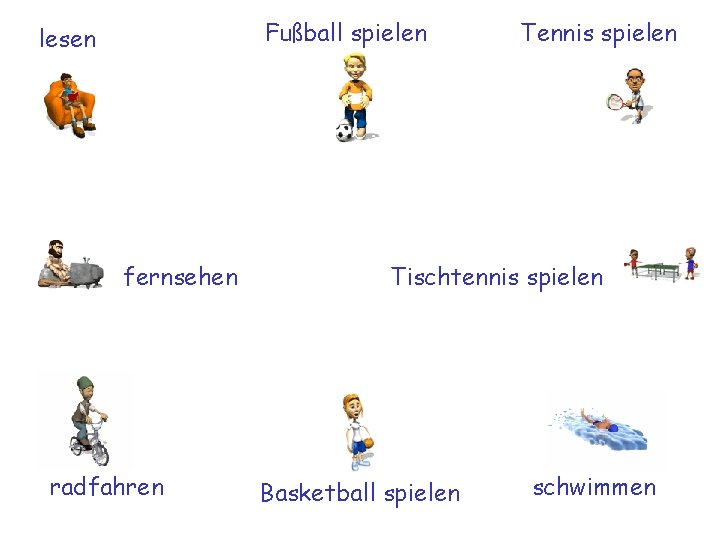 Fußball spielen lesen fernsehen radfahren Tennis spielen Tischtennis spielen Basketball spielen schwimmen 