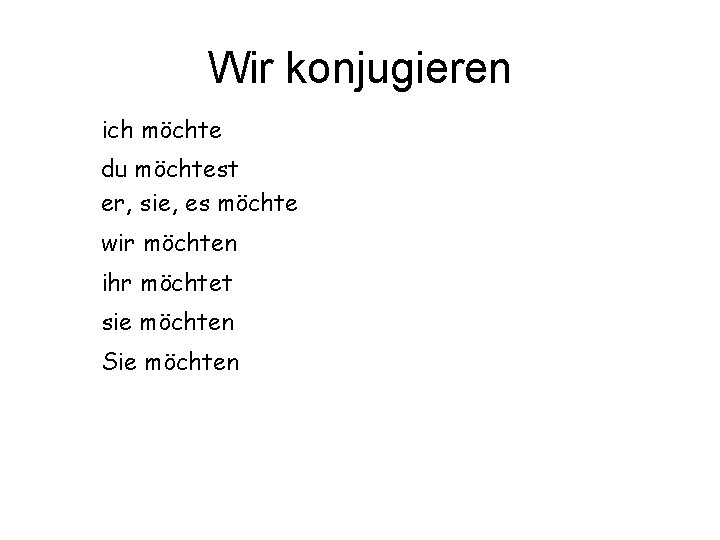 Wir konjugieren ich möchte du möchtest er, sie, es möchte wir möchten ihr möchtet