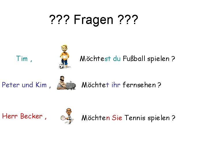 ? ? ? Fragen ? ? ? Tim , Möchtest du Fußball spielen ?