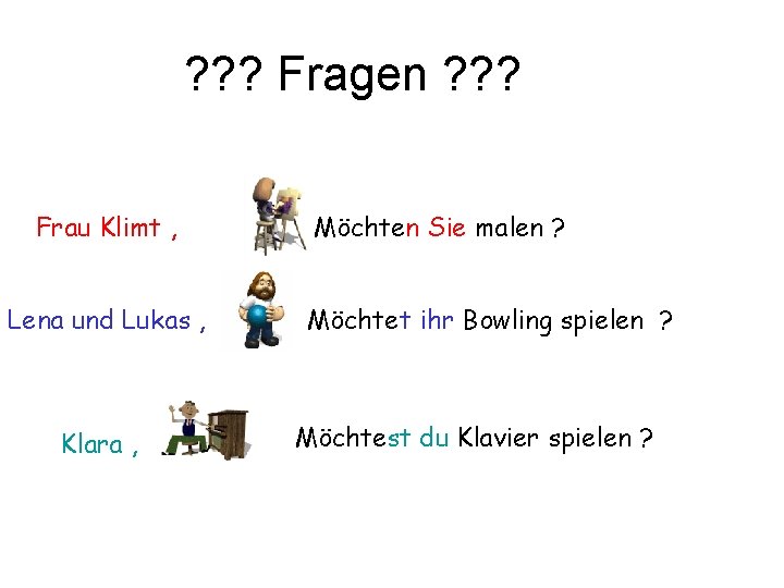 ? ? ? Fragen ? ? ? Frau Klimt , Lena und Lukas ,