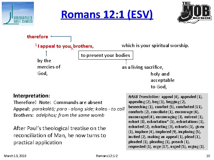 Romans 12: 1 (ESV) therefore which is your spiritual worship. appeal to you, brothers,