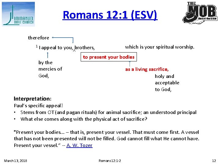 Romans 12: 1 (ESV) therefore which is your spiritual worship. appeal to you, brothers,