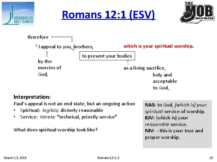 Romans 12: 1 (ESV) therefore which is your spiritual worship. appeal to you, brothers,