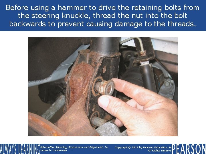 Before using a hammer to drive the retaining bolts from the steering knuckle, thread