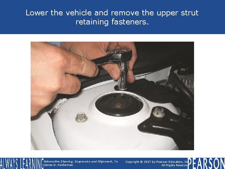 Lower the vehicle and remove the upper strut retaining fasteners. Automotive Steering, Suspension and