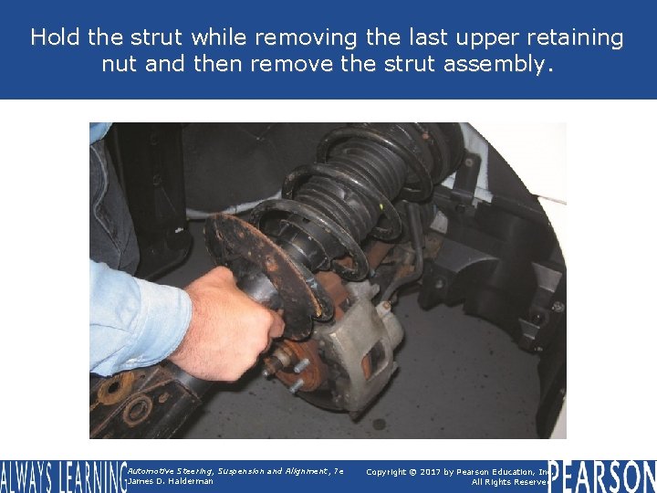 Hold the strut while removing the last upper retaining nut and then remove the