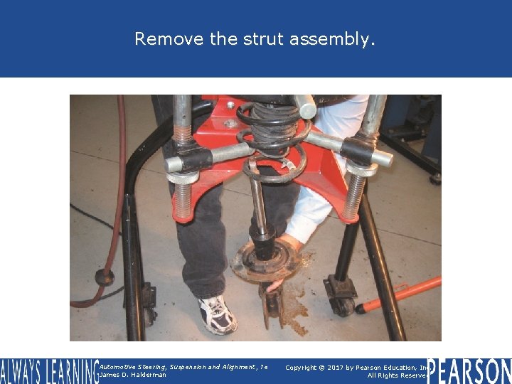 Remove the strut assembly. Automotive Steering, Suspension and Alignment, 7 e James D. Halderman