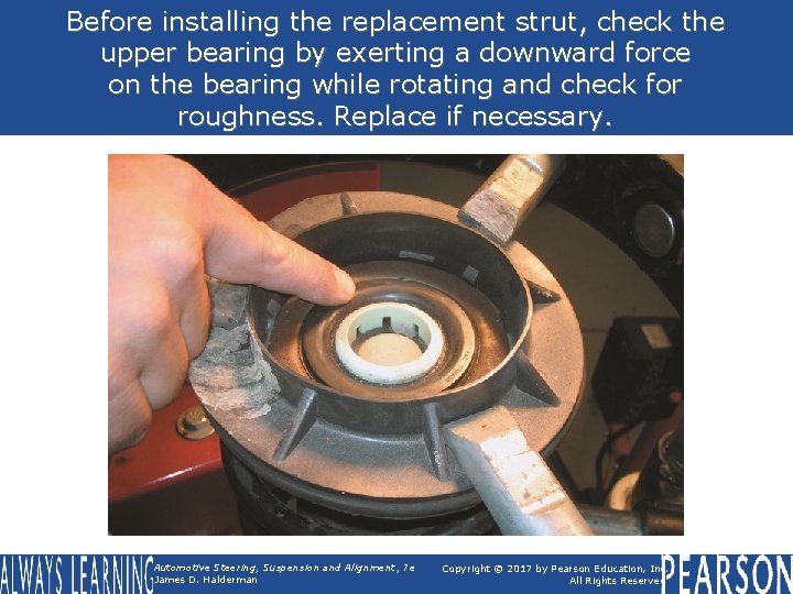 Before installing the replacement strut, check the upper bearing by exerting a downward force