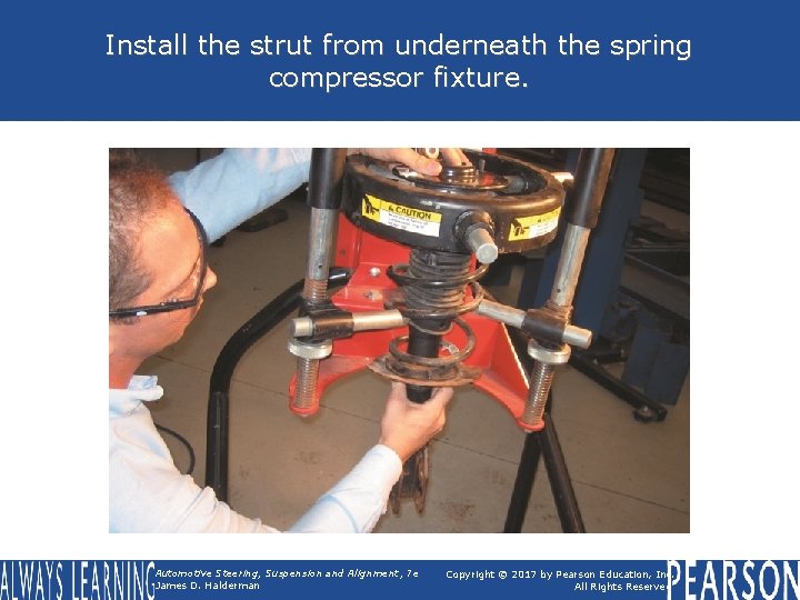 Install the strut from underneath the spring compressor fixture. Automotive Steering, Suspension and Alignment,
