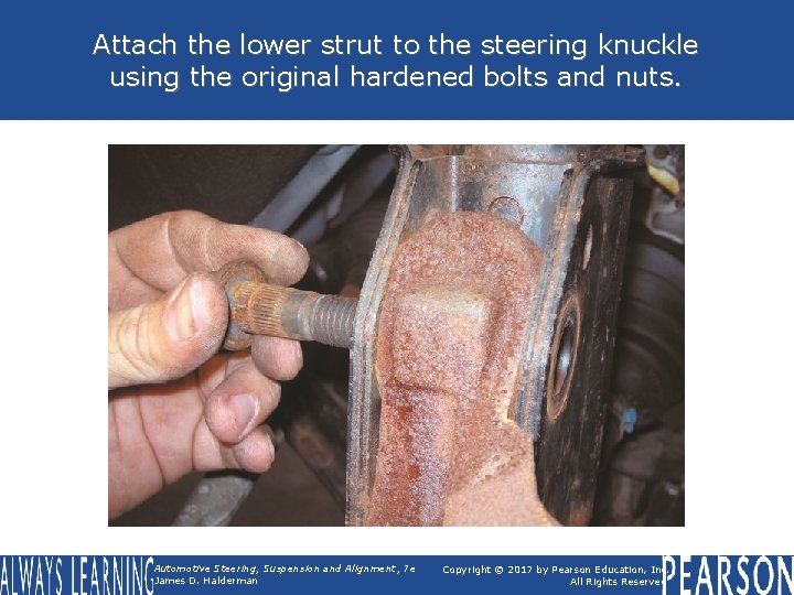 Attach the lower strut to the steering knuckle using the original hardened bolts and