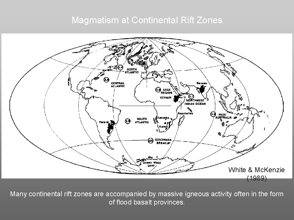 Magmatism at Continental Rift Zones White & Mc. Kenzie (1989) Many continental rift zones