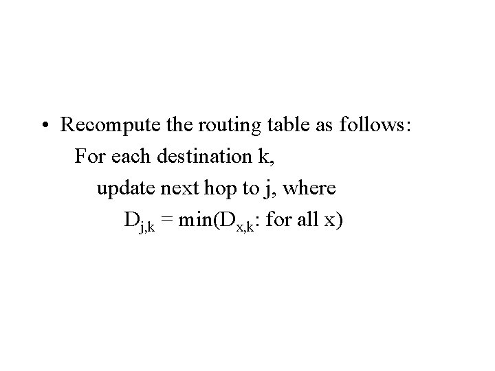  • Recompute the routing table as follows: For each destination k, update next