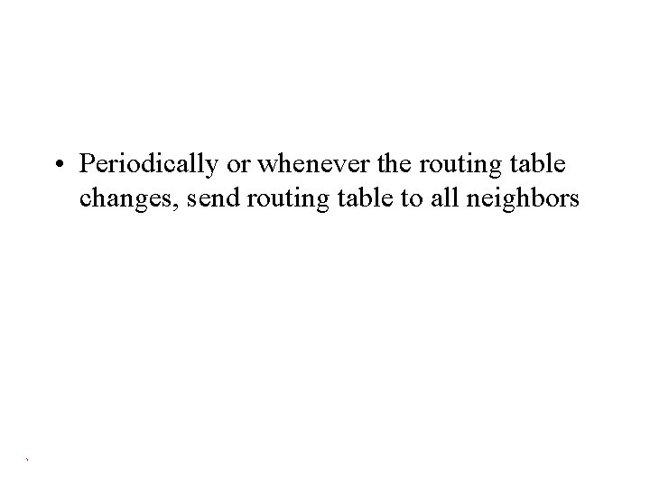  • Periodically or whenever the routing table changes, send routing table to all