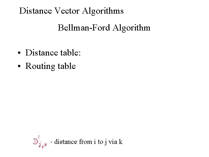 Distance Vector Algorithms Bellman-Ford Algorithm • Distance table: • Routing table distance from i
