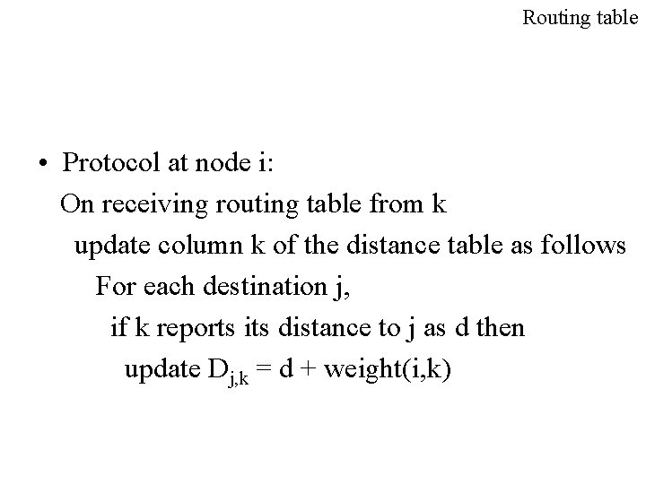 Routing table • Protocol at node i: On receiving routing table from k update