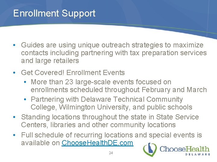 Enrollment Support • Guides are using unique outreach strategies to maximize contacts including partnering