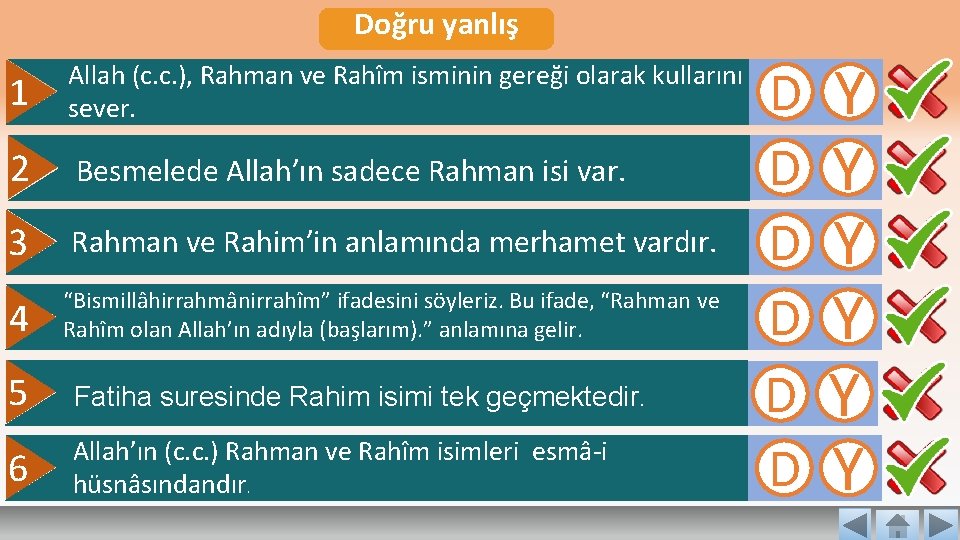 Doğru yanlış 1 Allah (c. c. ), Rahman ve Rahîm isminin gereği olarak kullarını