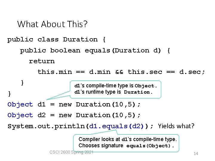 What About This? public class Duration { public boolean equals(Duration d) { return this.