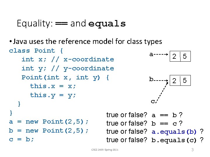 Equality: == and equals • Java uses the reference model for class types class