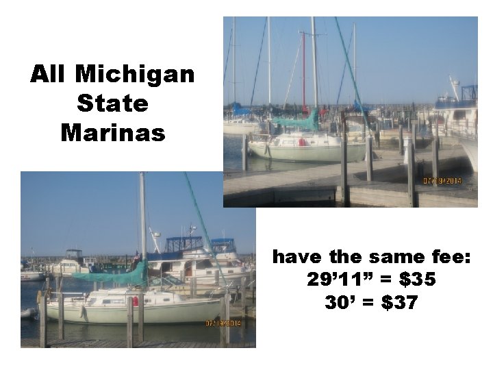 All Michigan State Marinas have the same fee: 29’ 11” = $35 30’ =