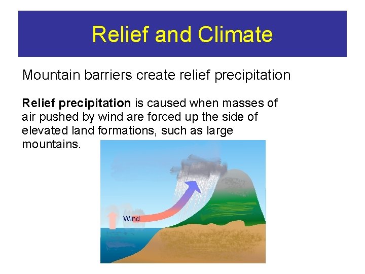 Relief and Climate Mountain barriers create relief precipitation Relief precipitation is caused when masses