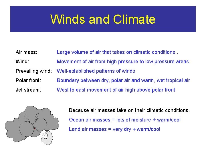 Winds and Climate Air mass: Large volume of air that takes on climatic conditions.