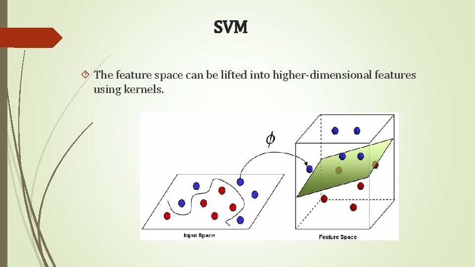 SVM The feature space can be lifted into higher-dimensional features using kernels. 