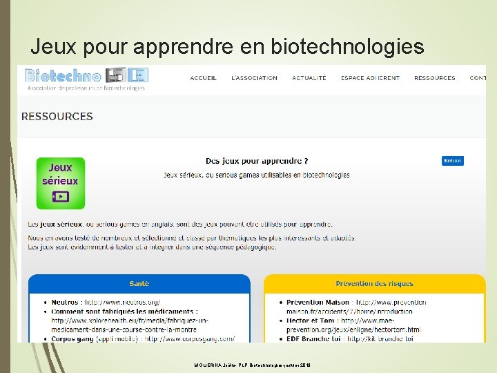 Jeux pour apprendre en biotechnologies MIGLIERINA Joëlle- PLP Biotechnologies-janvier 2019 