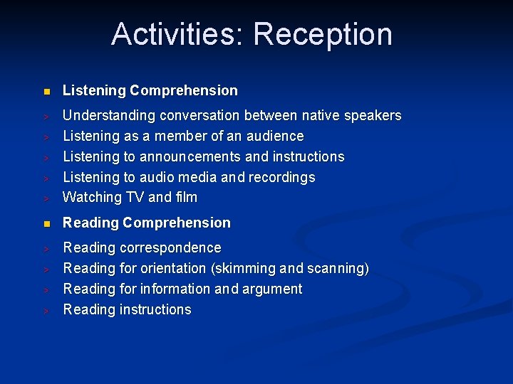 Activities: Reception n Listening Comprehension > > Understanding conversation between native speakers Listening as