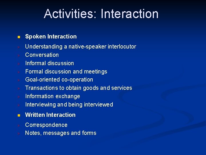 Activities: Interaction n Spoken Interaction > > Understanding a native-speaker interlocutor Conversation Informal discussion