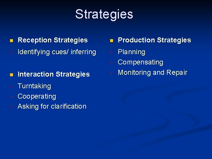 Strategies n Reception Strategies n Production Strategies > Identifying cues/ inferring > Planning Compensating