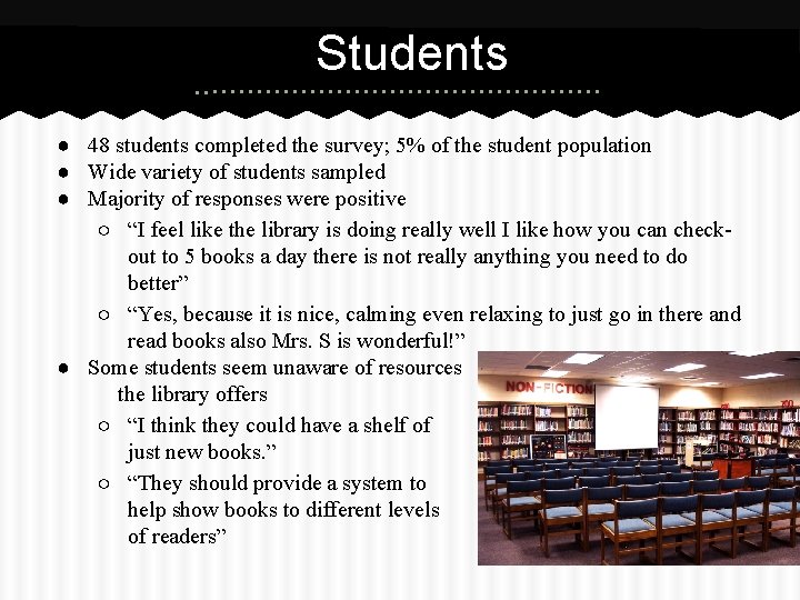 Students ● 48 students completed the survey; 5% of the student population ● Wide