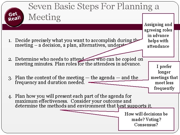 Seven Basic Steps For Planning a Meeting Assigning and agreeing roles in advance 1.