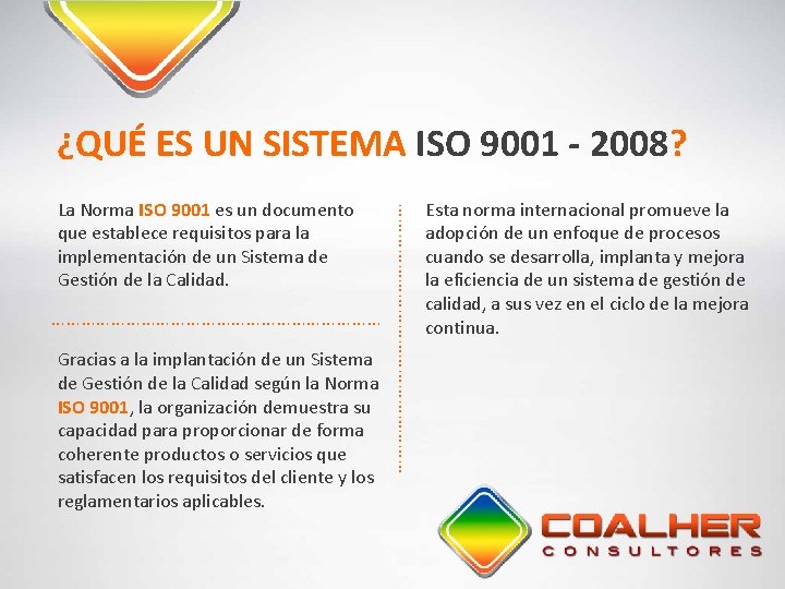 ¿QUÉ ES UN SISTEMA ISO 9001 - 2008? …………………………… Gracias a la implantación de