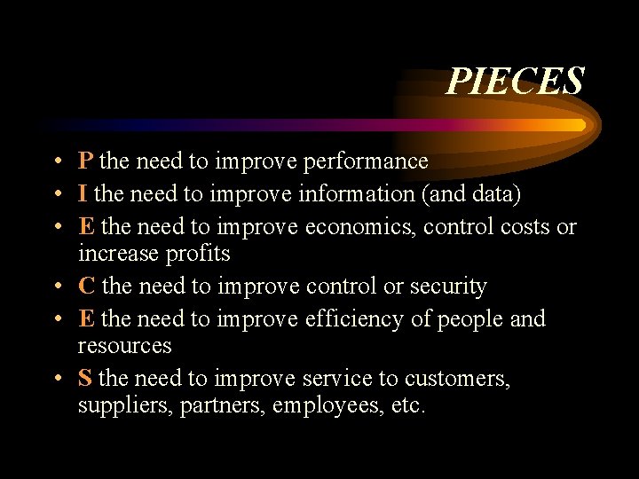 PIECES • P the need to improve performance • I the need to improve