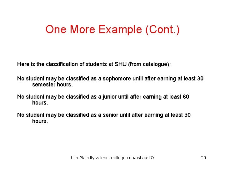 One More Example (Cont. ) Here is the classification of students at SHU (from