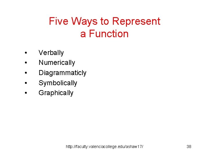 Five Ways to Represent a Function • • • Verbally Numerically Diagrammaticly Symbolically Graphically