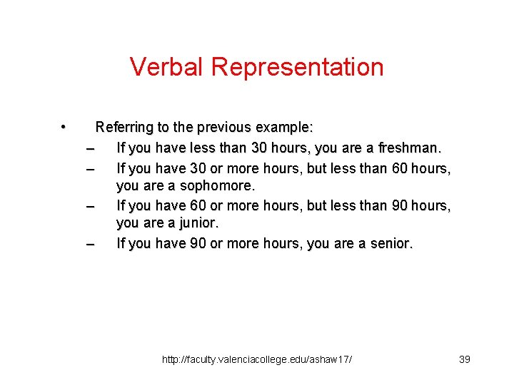 Verbal Representation • Referring to the previous example: – If you have less than