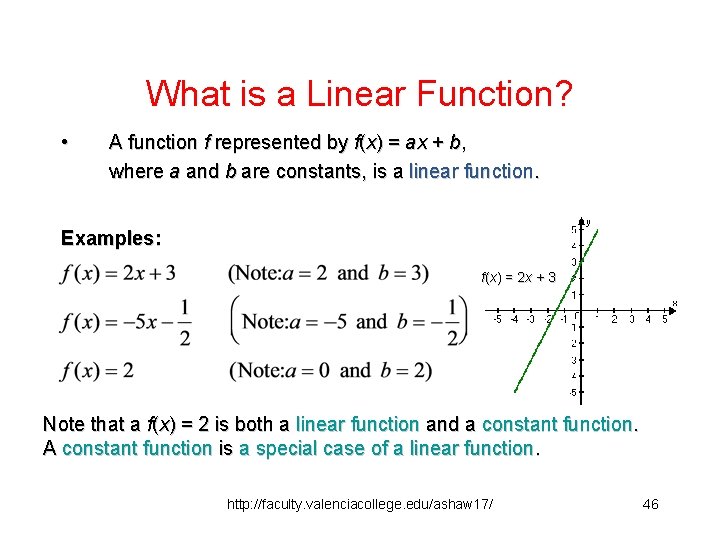 What is a Linear Function? • A function f represented by f(x) = ax