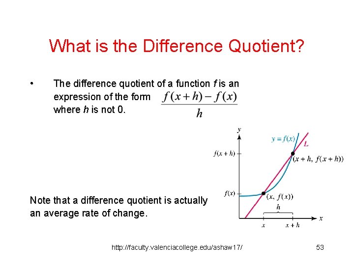 What is the Difference Quotient? • The difference quotient of a function f is