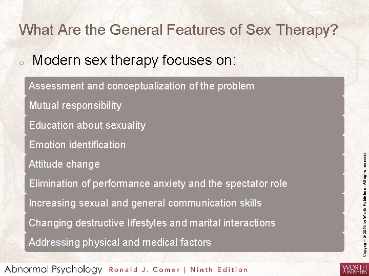 What Are the General Features of Sex Therapy? Modern sex therapy focuses on: Assessment