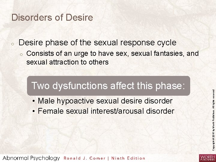 Disorders of Desire phase of the sexual response cycle o Consists of an urge