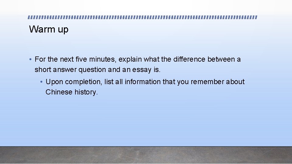 Warm up • For the next five minutes, explain what the difference between a