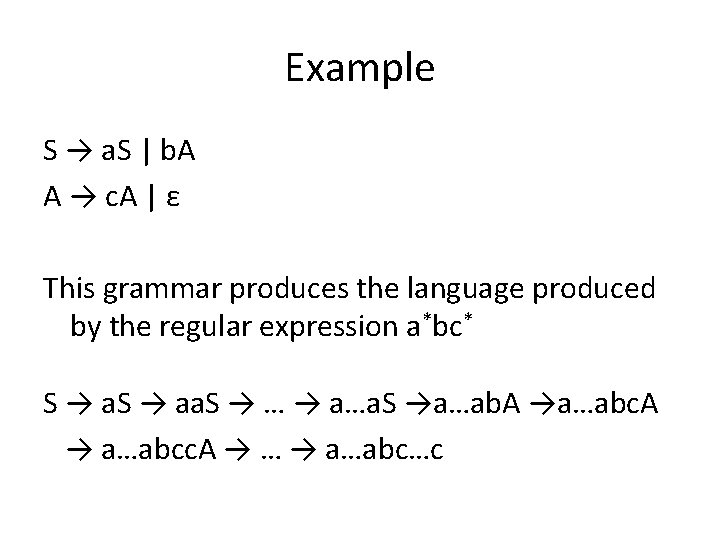 Example S → a. S | b. A A → c. A | ε