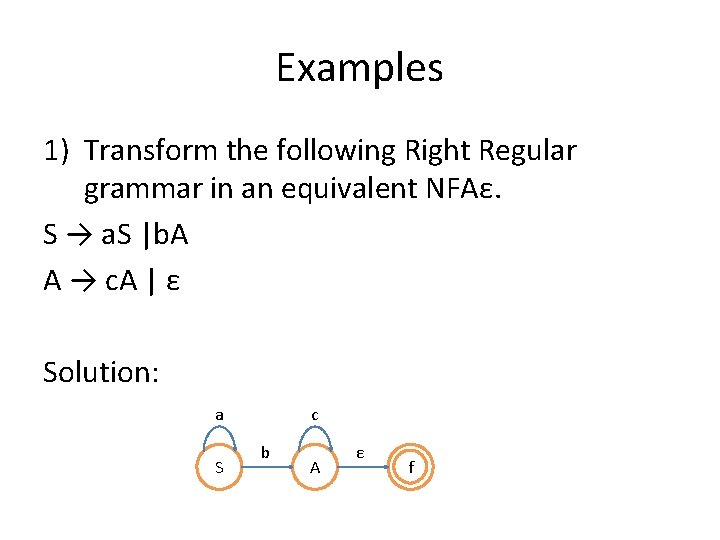 Examples 1) Transform the following Right Regular grammar in an equivalent NFAε. S →