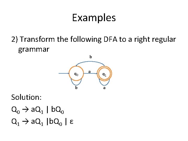 Examples 2) Transform the following DFA to a right regular grammar b q 0