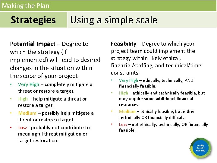 Making the Plan Strategies Using a simple scale Potential Impact – Degree to which