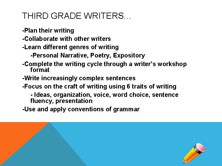 THIRD GRADE WRITERS… -Plan their writing -Collaborate with other writers -Learn different genres of