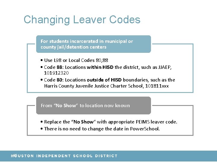 Changing Leaver Codes For students incarcerated in municipal or county jail/detention centers • Use