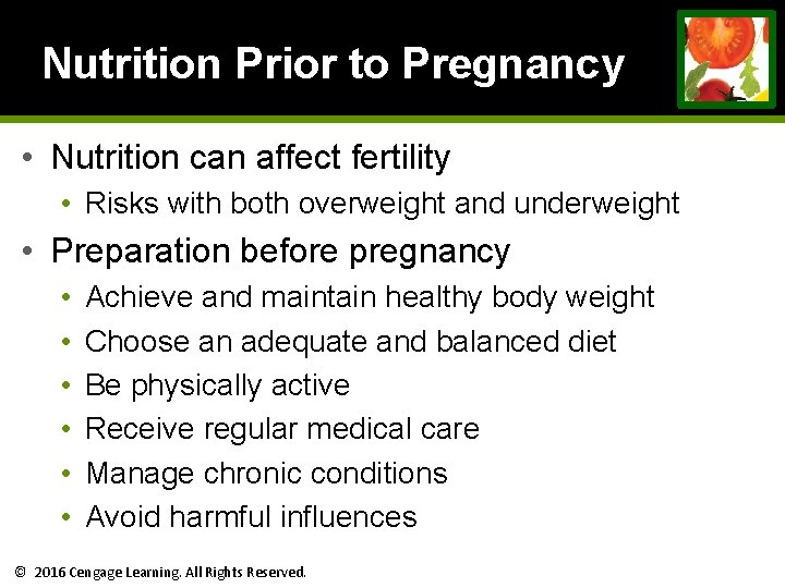 Nutrition Prior to Pregnancy • Nutrition can affect fertility • Risks with both overweight Nutrition Prior to Pregnancy • Nutrition can affect fertility • Risks with both overweight